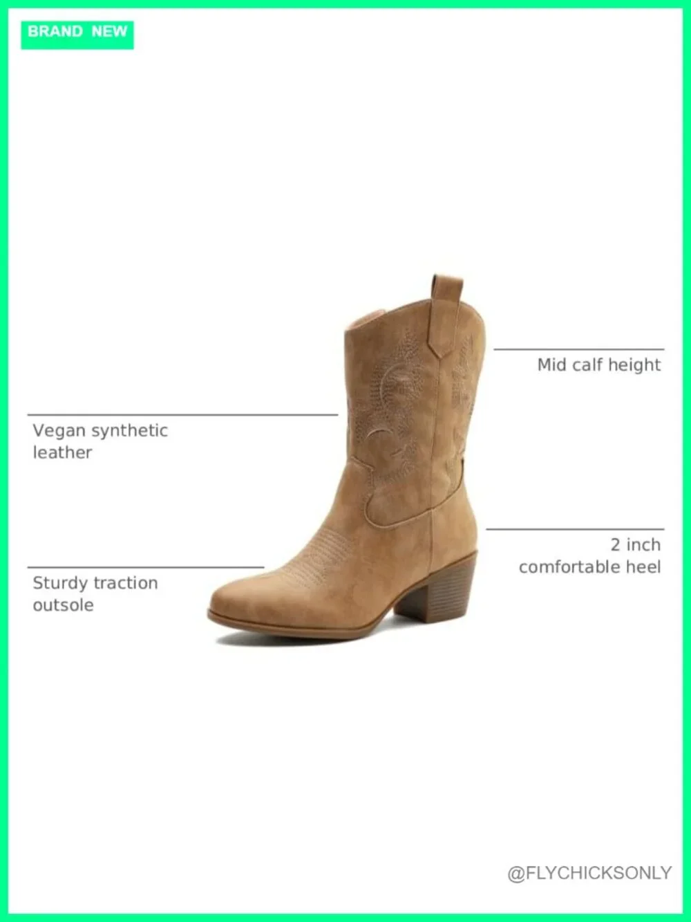 Women's Mid Calf Western Cowgirl Boots with Chunky Low Heel and Side Zipper